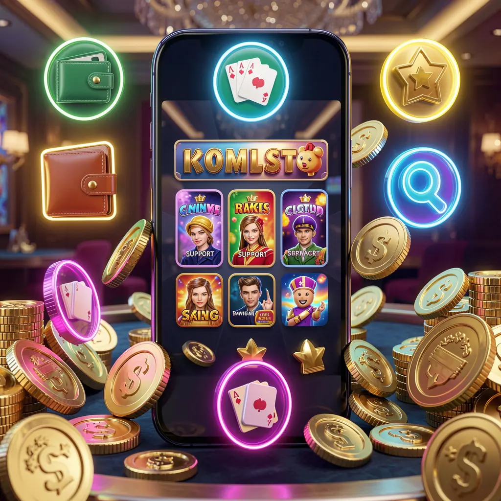 TKBD77 online casino app interface displayed on a smartphone surrounded by icons for wallet, games, support, and rewards, with golden coins and neon lights in a luxury 3D render TKBD77 online casino app interface displayed on a smartphone surrounded by icons for wallet, games, support, and rewards, with golden coins and neon lights in a luxury 3D render