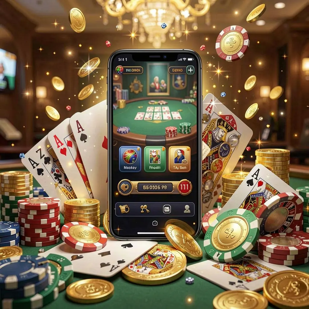 TKBD77 mobile gaming application concept showing a smartphone surrounded by playing cards, roulette chips, gold coins, and sparkling lights in a premium casino style TKBD77 mobile gaming application concept showing a smartphone surrounded by playing cards, roulette chips, gold coins, and sparkling lights in a premium casino style