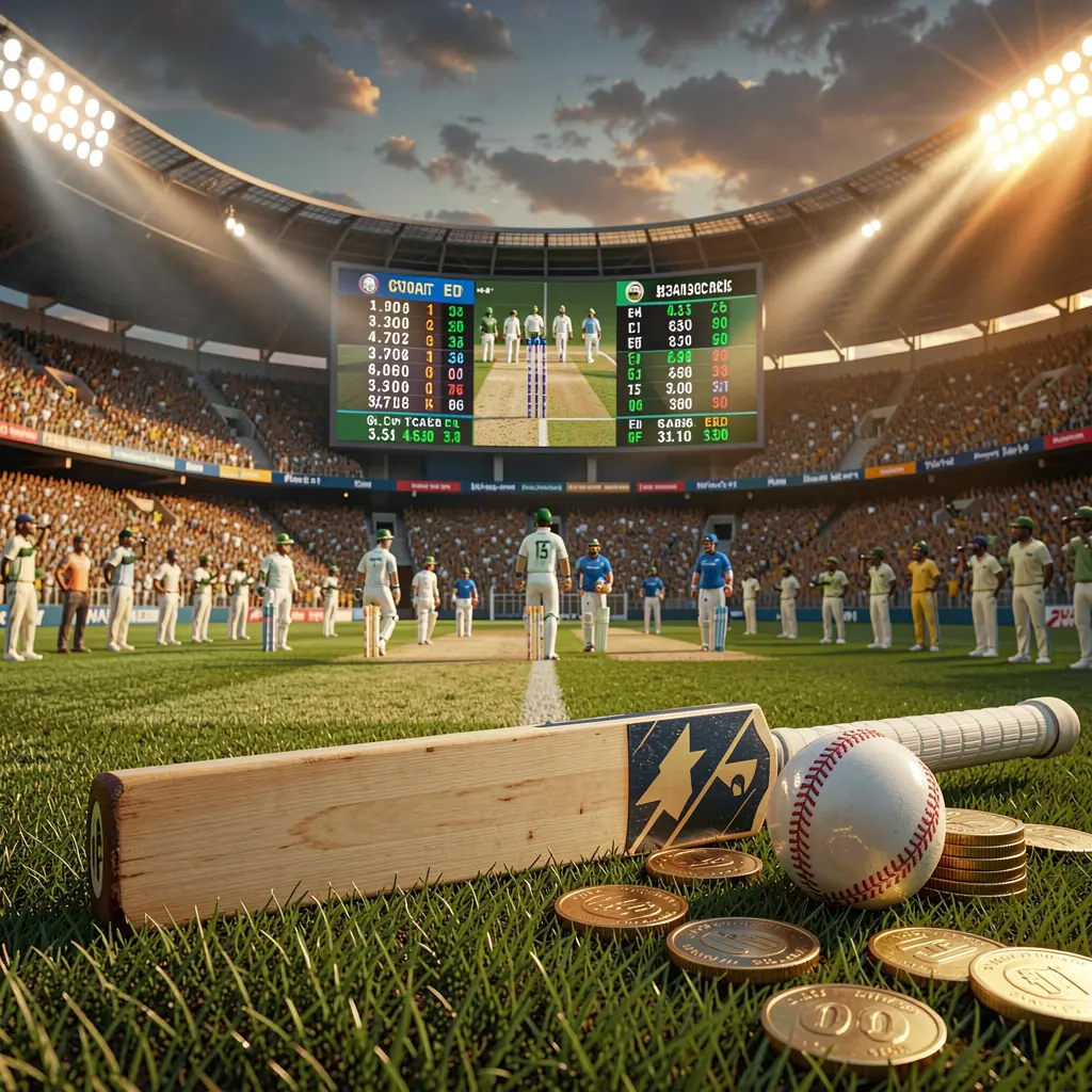 High detail 3D render of a premium cricket betting scene at a crowded cricket stadium with bat and ball in the foreground, digital odds graphics and coins, illuminated by dramatic lighting, featuring TKBD77 branding High detail 3D render of a premium cricket betting scene at a crowded cricket stadium with bat and ball in the foreground, digital odds graphics and coins, illuminated by dramatic lighting, featuring TKBD77 branding