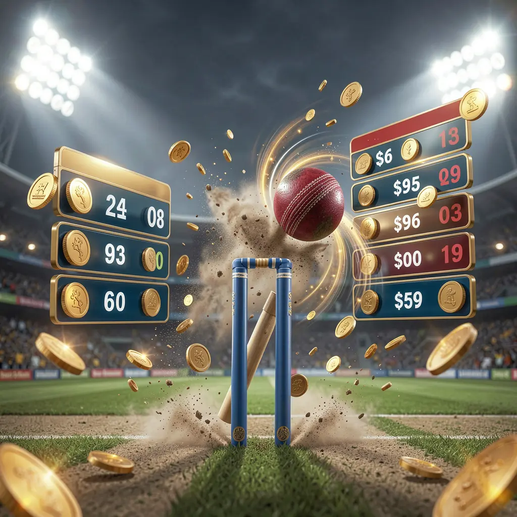 TKBD77 cricket match betting banner showing a cricket ball hitting the wickets with dynamic motion under stadium lights, featuring a floating odds interface and coins in a premium sports atmosphere TKBD77 cricket match betting banner showing a cricket ball hitting the wickets with dynamic motion under stadium lights, featuring a floating odds interface and coins in a premium sports atmosphere