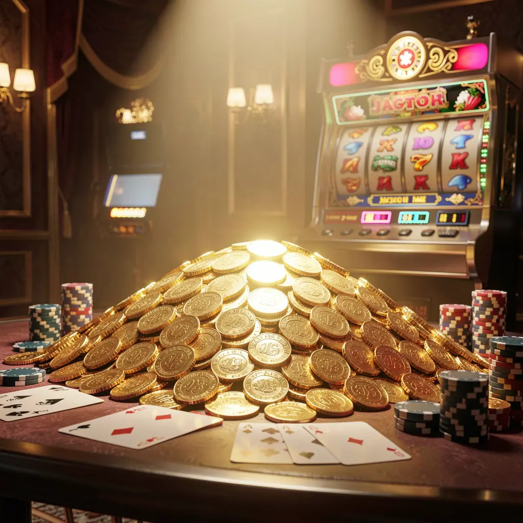 TKBD77 online casino jackpot bonus scene featuring a massive pile of golden coins, a slot machine in the background with glowing jackpot lights, poker chips and playing cards on a luxury table under dramatic cinematic lighting TKBD77 online casino jackpot bonus scene featuring a massive pile of golden coins, a slot machine in the background with glowing jackpot lights, poker chips and playing cards on a luxury table under dramatic cinematic lighting
