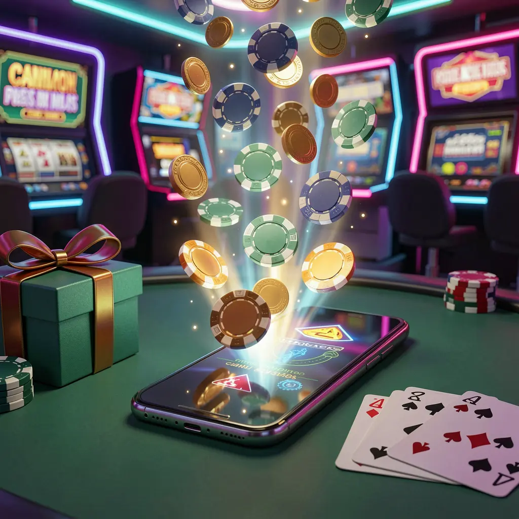 Modern smartphone displaying glowing casino chips and coins emerging from the screen in a bright neon casino atmosphere with a gift box and playing cards nearby, showcasing TKBD77 mobile casino bonus scene Modern smartphone displaying glowing casino chips and coins emerging from the screen in a bright neon casino atmosphere with a gift box and playing cards nearby, showcasing TKBD77 mobile casino bonus scene