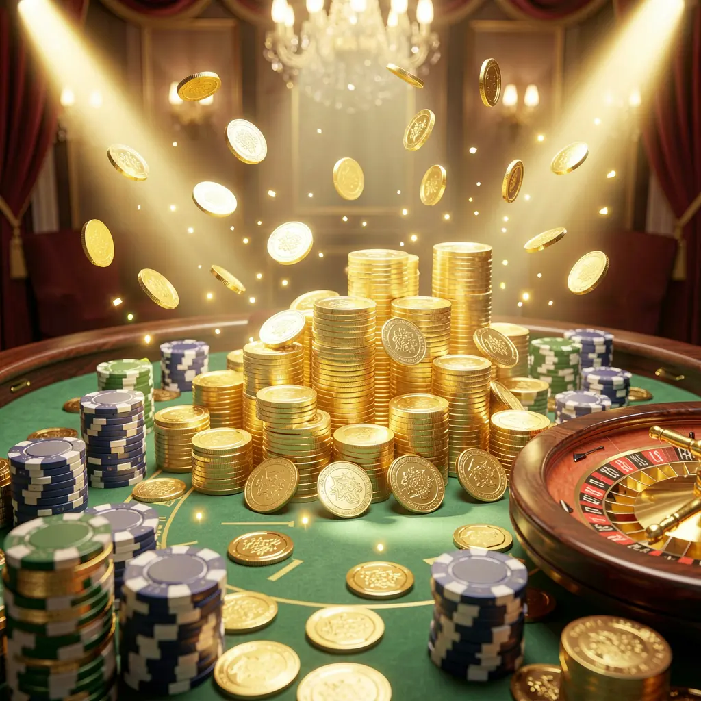 TKBD77 casino jackpot scene featuring golden coins, colorful poker chips, and a roulette wheel with bright glowing lights in a luxury celebration atmosphere