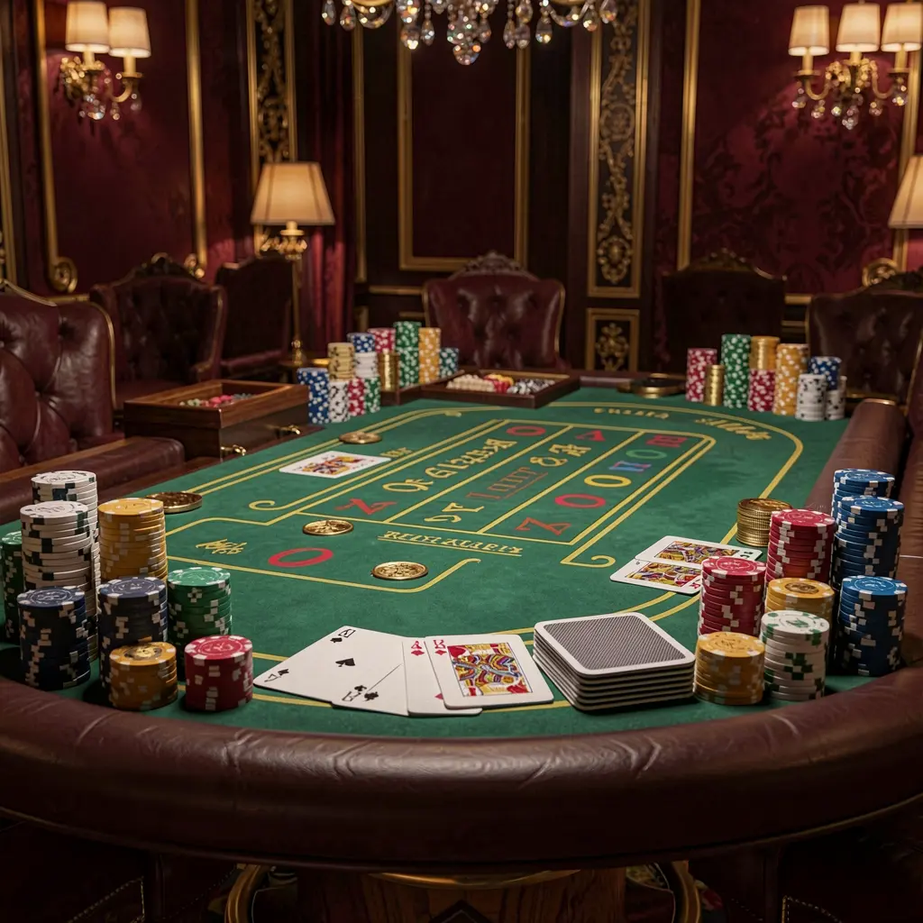 Luxury casino atmosphere featuring a blackjack table with poker cards, stacks of chips, and sparkling coins against a dark red and gold background, showcasing the elegance of TKBD77