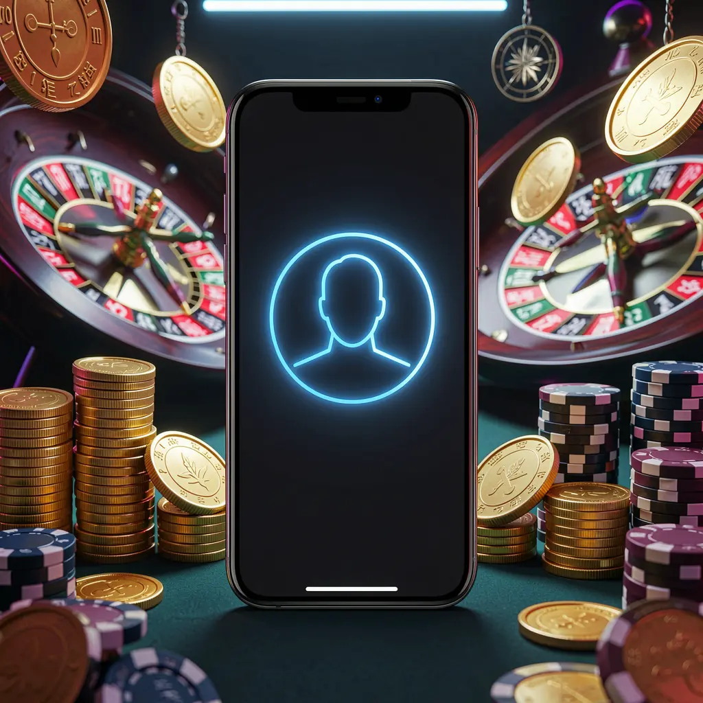 Modern phone centered with glowing profile icon for TKBD77 online casino sign in, featuring roulette lights, golden coins, and poker chips in a premium dark neon atmosphere