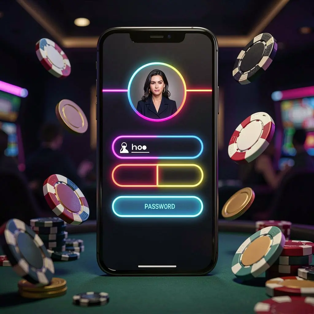 Mobile casino login screen with abstract UI shapes showing user profile and password fields on a glowing phone, neon chips and coins flying around in a dark premium casino atmosphere featuring TKBD77 branding