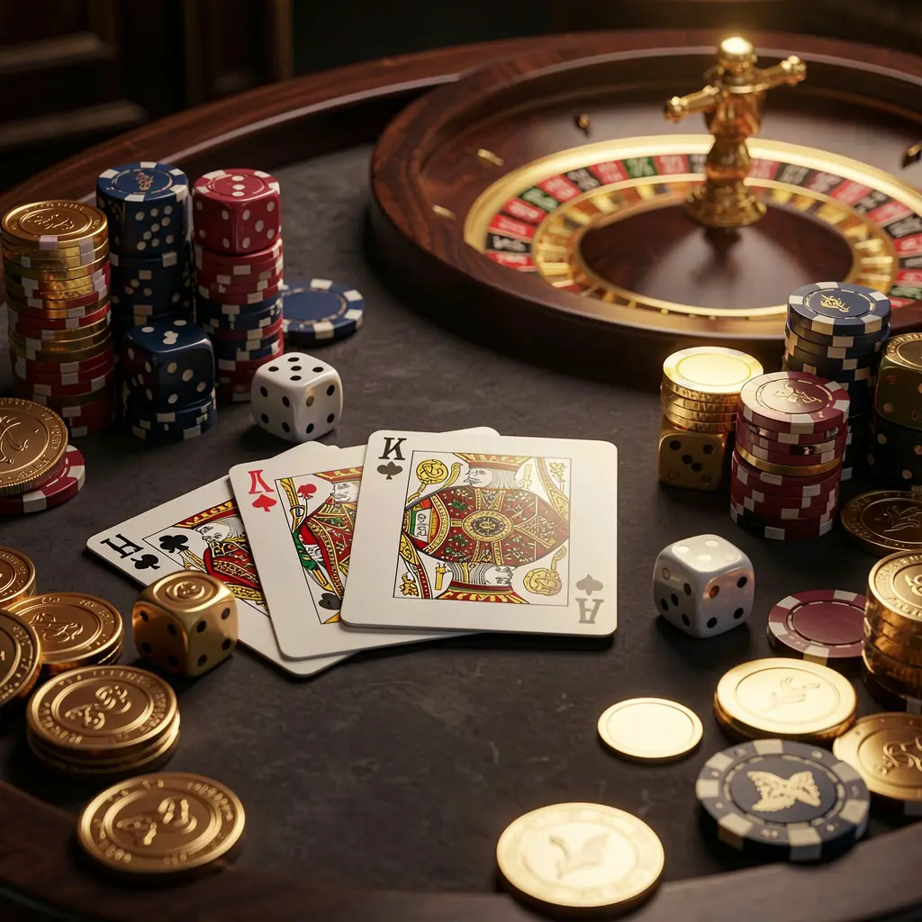 TKBD77 elegant online casino homepage featuring royal flush cards, dice, golden coins, poker chips on a dark table with a glowing roulette wheel in the background, cinematic 3D render TKBD77 elegant online casino homepage featuring royal flush cards, dice, golden coins, poker chips on a dark table with a glowing roulette wheel in the background, cinematic 3D render